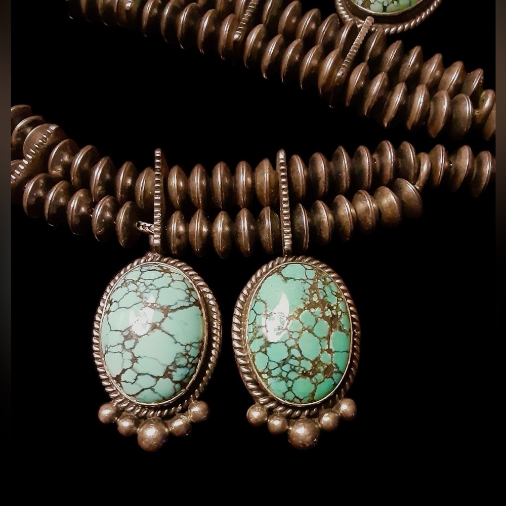 Authentic Navajo Esther Wood Sterling Silver Turquoise Squash Blossom Necklace - Picture 6 of 12